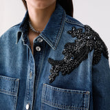 Camisa Oversized em Denim com Bordado de Joias | LIUJO