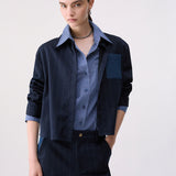 Camisa Azul Riscas Finas com Bolso em Ganga | LIU JO