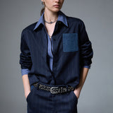 Camisa Azul Riscas Finas com Bolso em Ganga | LIU JO