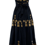Vestido camiserio midi preto com bordados dourados