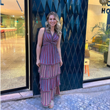 Vestido longo de folhos Cecilia Prado em malha tricotada