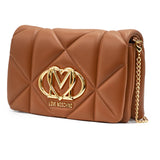 Mala de ombro Love Moschino acolchoada em camel e logo metálico