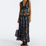 Saia Natalia Preta Maxi Plissada Floral | FARM RIO