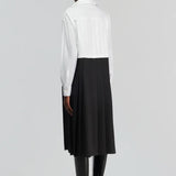 Vestido Midi em Popelina Preto e Branco com Pregas Salome | SEMICOUTURE