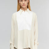 Camisa em Crepe de Chine Bege com Painel em Popelina Branco Krizia | SEMICOUTURE