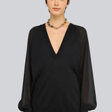 Camisola Jetta Preta em Lã com Mangas em Georgette | SEMICOUTURE