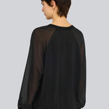 Camisola Jetta Preta em Lã com Mangas em Georgette | SEMICOUTURE