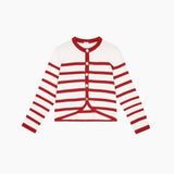 Cardigan ecru com riscas vermelhas e botões dourados