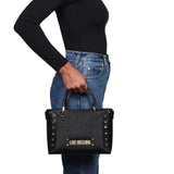 Mala de mão Love Moschino em ráfia com tachas em preto