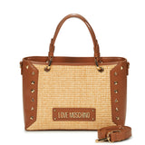 Mala de mão Love Moschino em ráfia com tachas em camel