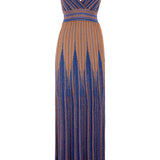 Vestido de fiesta largo Nenette en malla de lúrex azul y dorado